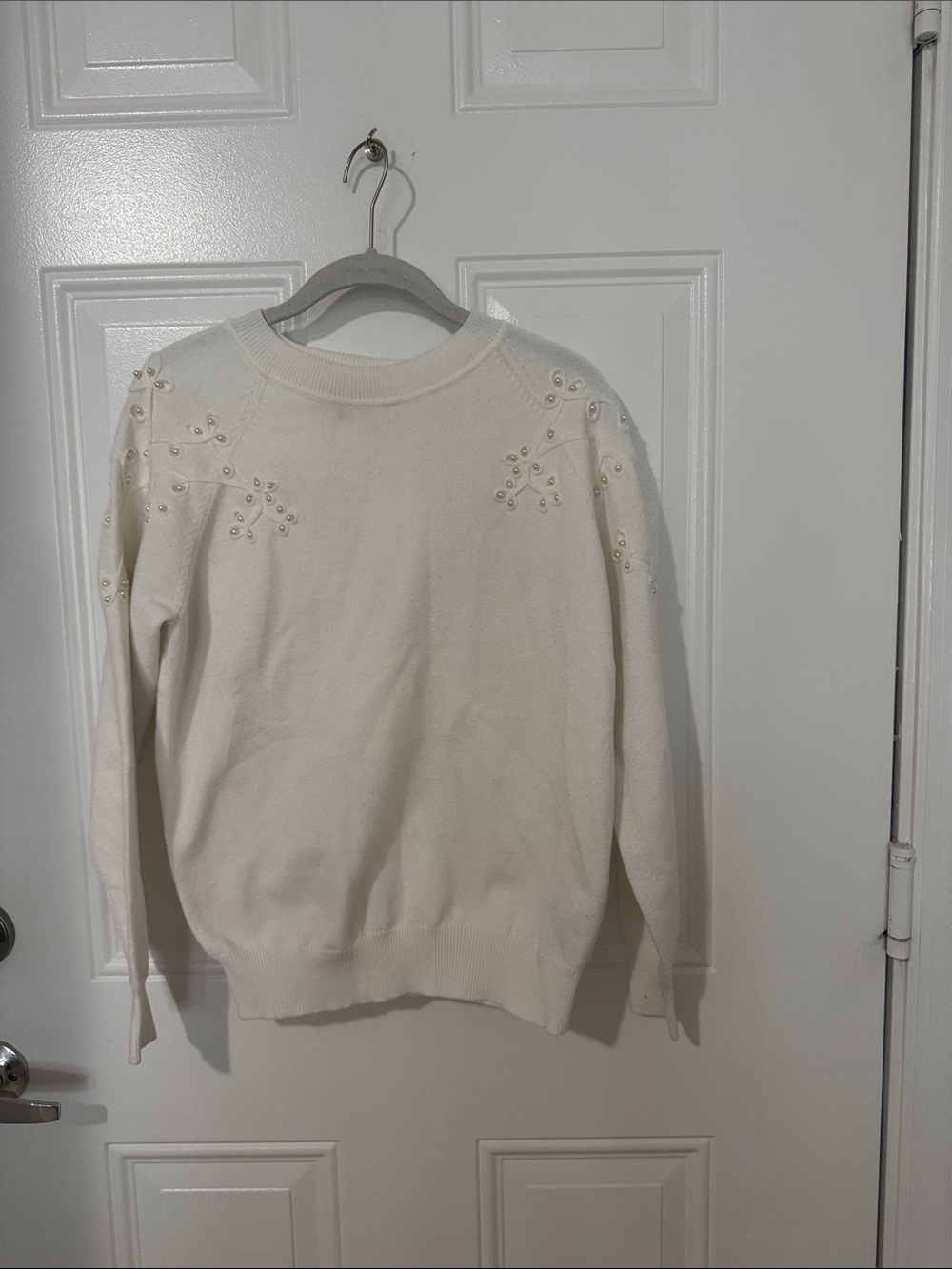 Nanette Lepore Cream Crewneck Sweater with Pearl Accents